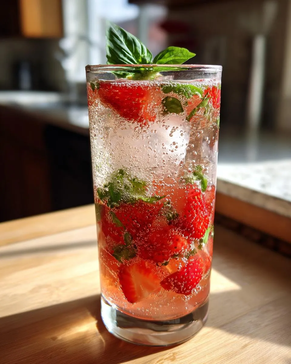 A tall glass filled with a strawberry basil smash mocktail, featuring fresh strawberries, basil leaves, ice, and sparkling water.