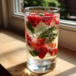 A tall glass filled with a strawberry basil smash mocktail, featuring fresh strawberries and basil leaves in sparkling water.