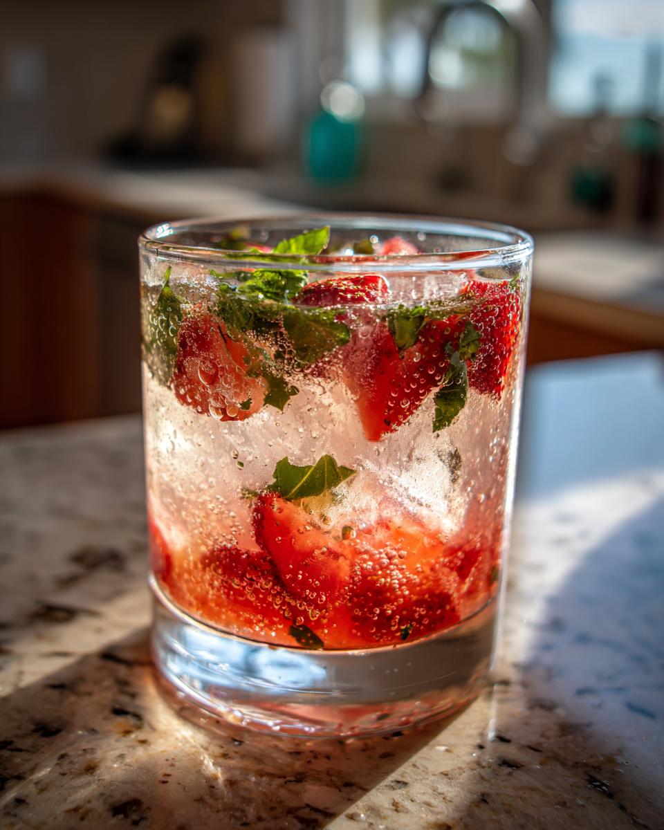 Close-up of a strawberry basil smash mocktail in a glass, filled with ice, fresh strawberries, and mint leaves.