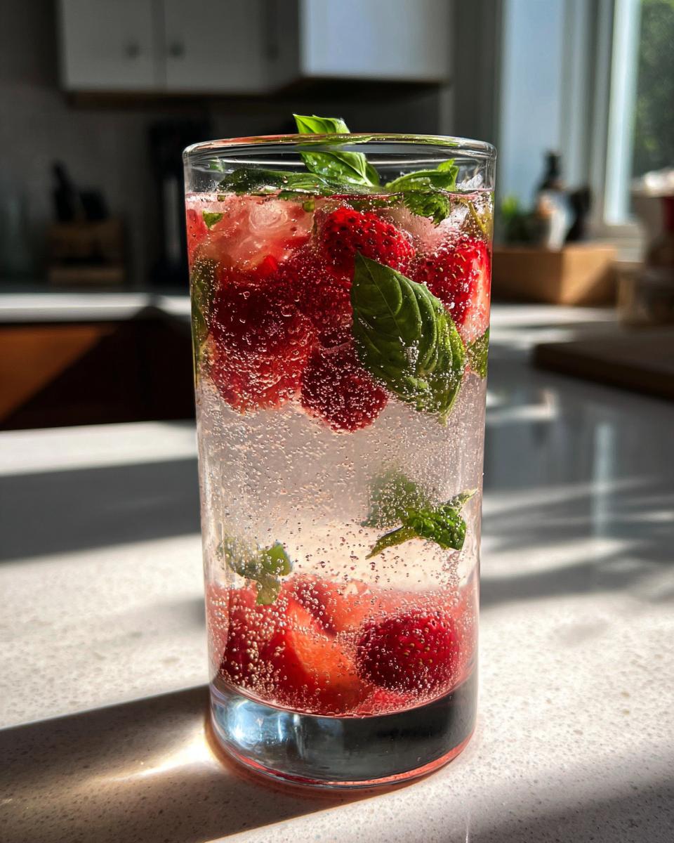 A tall glass filled with a strawberry basil smash mocktail, featuring fresh strawberries, basil leaves, ice, and sparkling water.