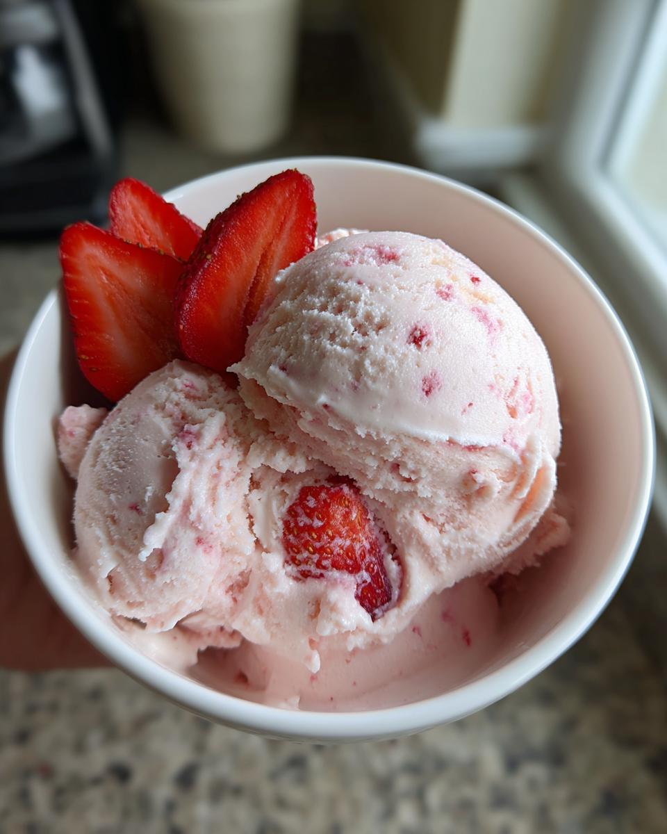Two scoops of Strawberry Cottage Cheese Ice Cream in a white bowl, garnished with fresh strawberry slices.