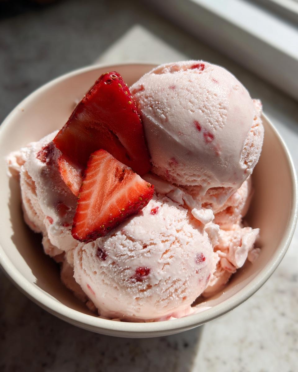 A bowl of creamy Strawberry Cottage Cheese Ice Cream topped with fresh strawberry slices.