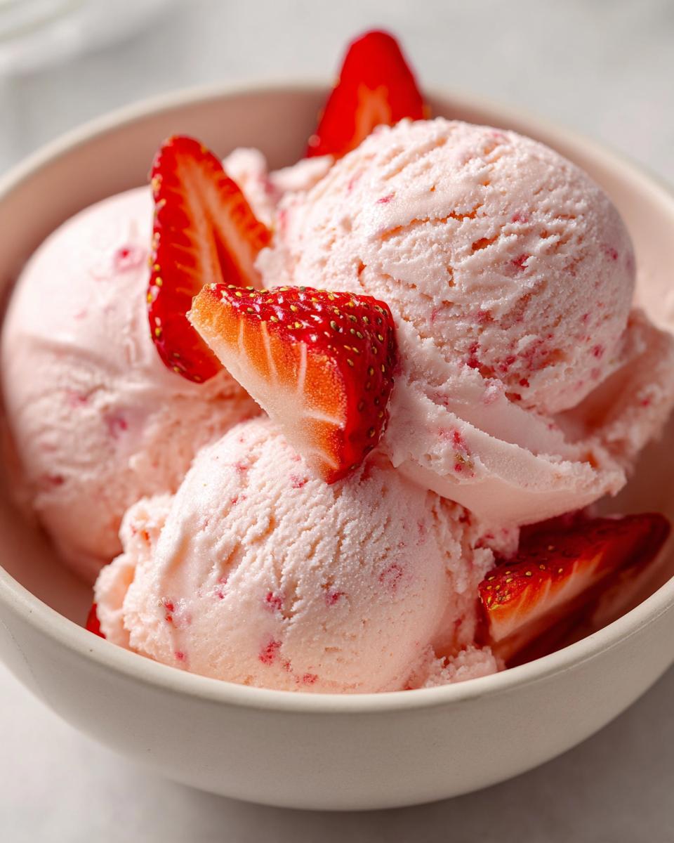 Close-up of creamy Strawberry Cottage Cheese Ice Cream scoops in a bowl, garnished with fresh strawberry slices.