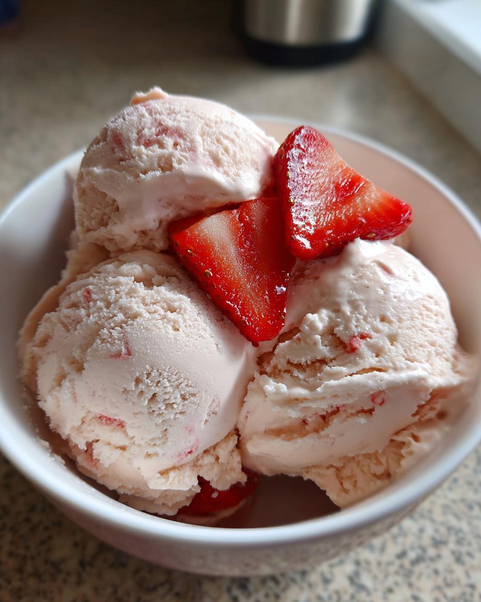 Close-up of creamy Strawberry Cottage Cheese Ice Cream in a white bowl, topped with fresh strawberry slices.