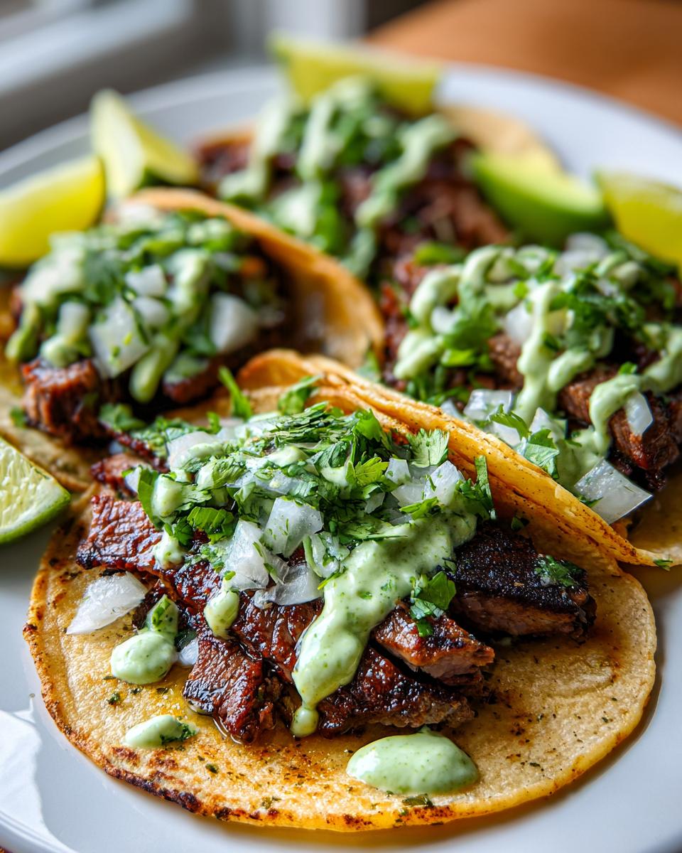 Close-up of delicious Street Tacos with Cilantro Lime Crema, topped with chopped onions and cilantro, served with lime wedges.