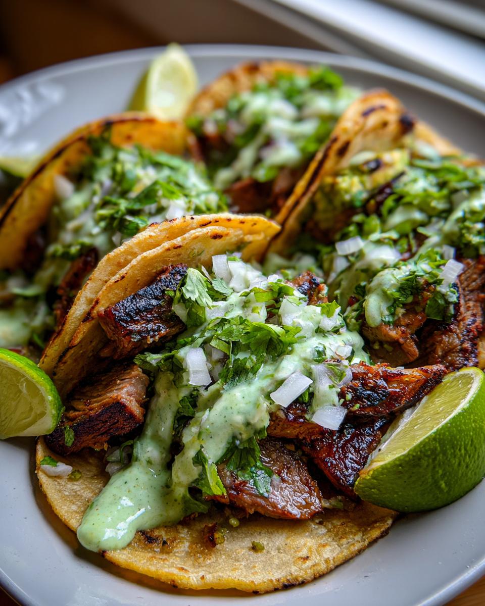 Close-up of delicious street tacos with grilled meat, topped with cilantro, onion, and cilantro lime crema.