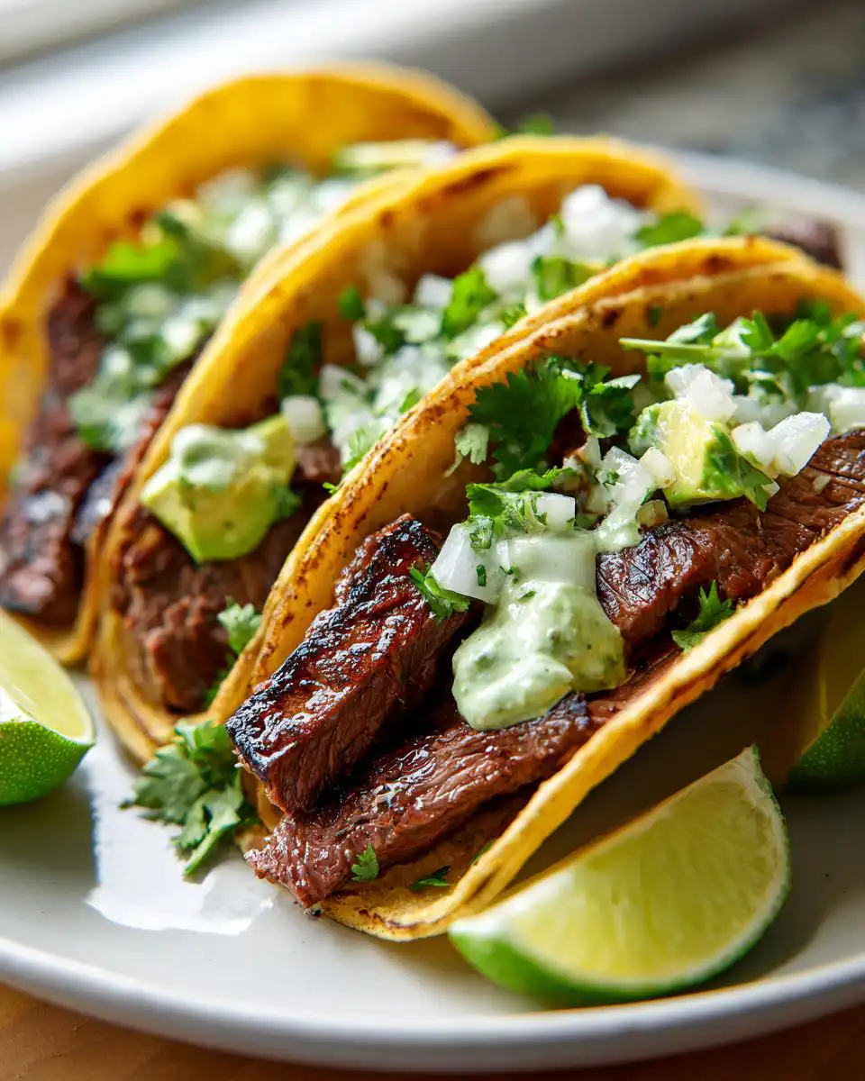 Close-up of three Street Tacos with Cilantro Lime Crema, filled with grilled steak, diced onions, cilantro, and avocado.