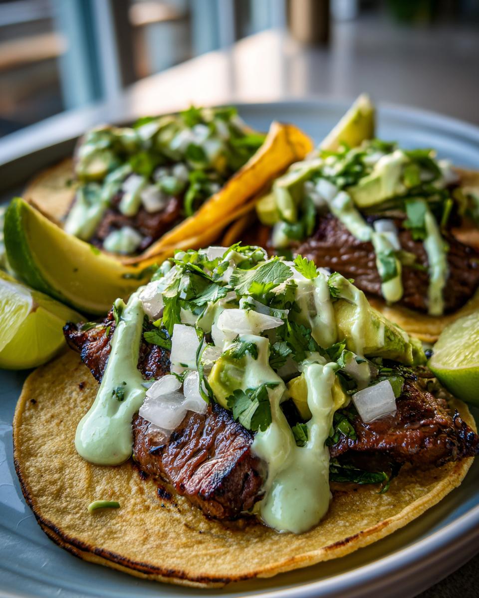 Close-up of delicious street tacos with grilled steak, avocado, onion, cilantro, and drizzled with cilantro lime crema.