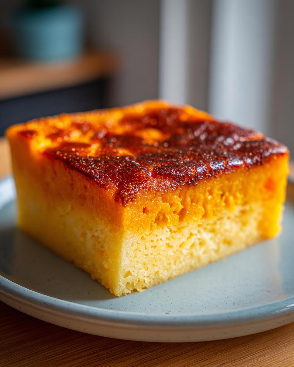 A close-up of a square slice of sweet potato pone on a light blue plate, showcasing its golden-brown caramelized top and fluffy interior.