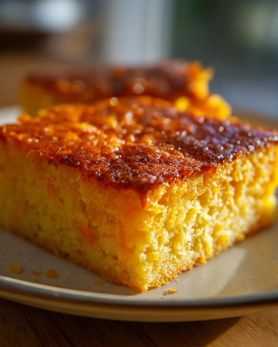 A close-up of a slice of Sweet Potato Pone on a plate, showing its moist texture and caramelized top.