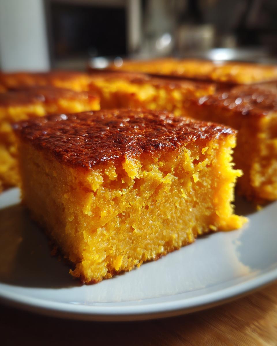 Close-up of a moist slice of Sweet Potato Pone on a plate, showcasing its golden-brown crust and vibrant orange interior.