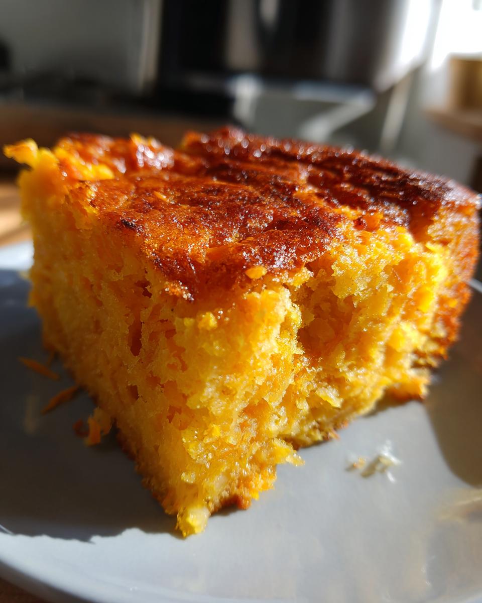 A close-up of a delicious slice of Sweet Potato Pone, showing its moist texture and golden-brown crust.