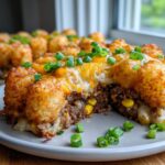 A slice of Tater Tot Casserole with Ground Beef, showing layers of crispy tater tots, melted cheese, ground beef, and corn.