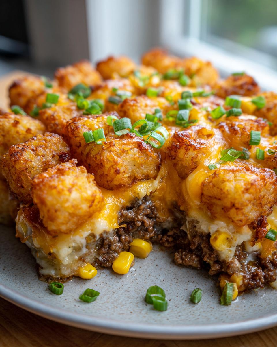 A slice of Tater Tot Casserole with Ground Beef, showing layers of seasoned ground beef, corn, melted cheese, and golden-brown tater tots, garnished with green onions.