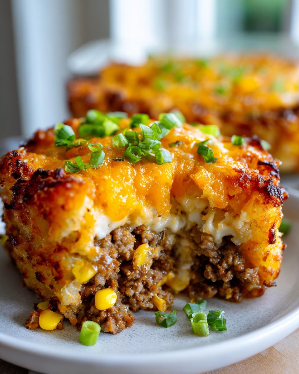 A close-up of a slice of Tater Tot Casserole with Ground Beef, showing layers of ground beef, corn, and crispy tater tots topped with melted cheese and green onions.