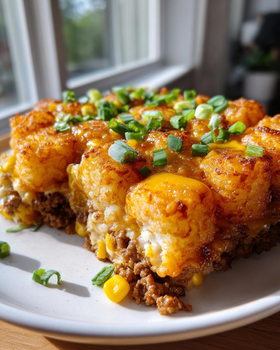 A close-up of a hearty slice of Tater Tot Casserole with Ground Beef, topped with melted cheese and green onions.