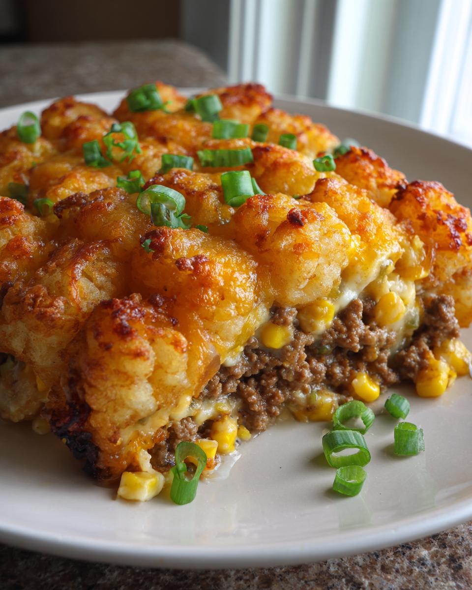 A slice of Tater Tot Casserole with Ground Beef, showing layers of crispy tater tots, seasoned ground beef, corn, and melted cheese, garnished with green onions.