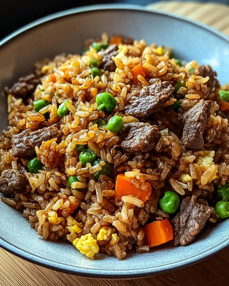 A close-up shot of a bowl of venison fried rice, featuring tender venison, peas, carrots, and scrambled egg.