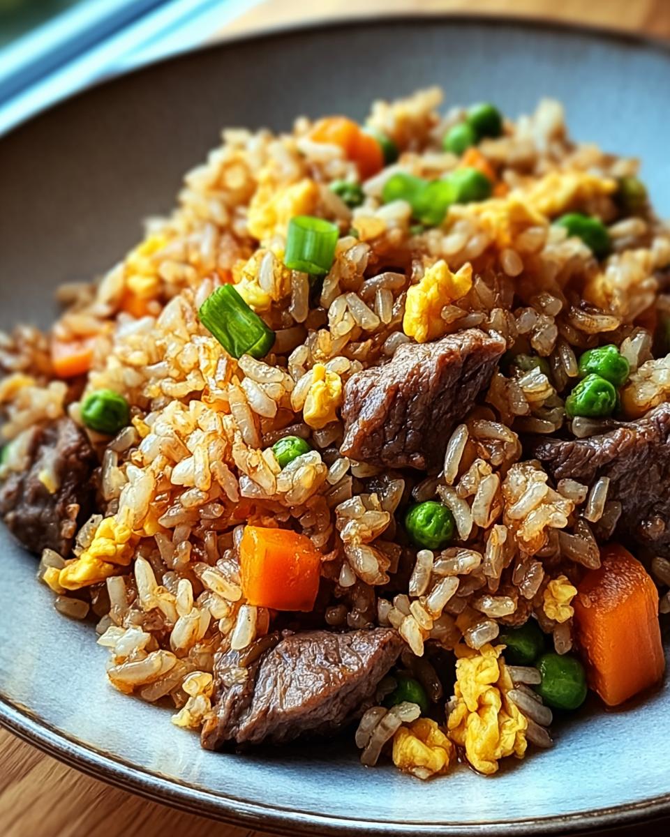 A close-up of a bowl of venison fried rice, featuring tender venison chunks, scrambled eggs, peas, carrots, and green onions.