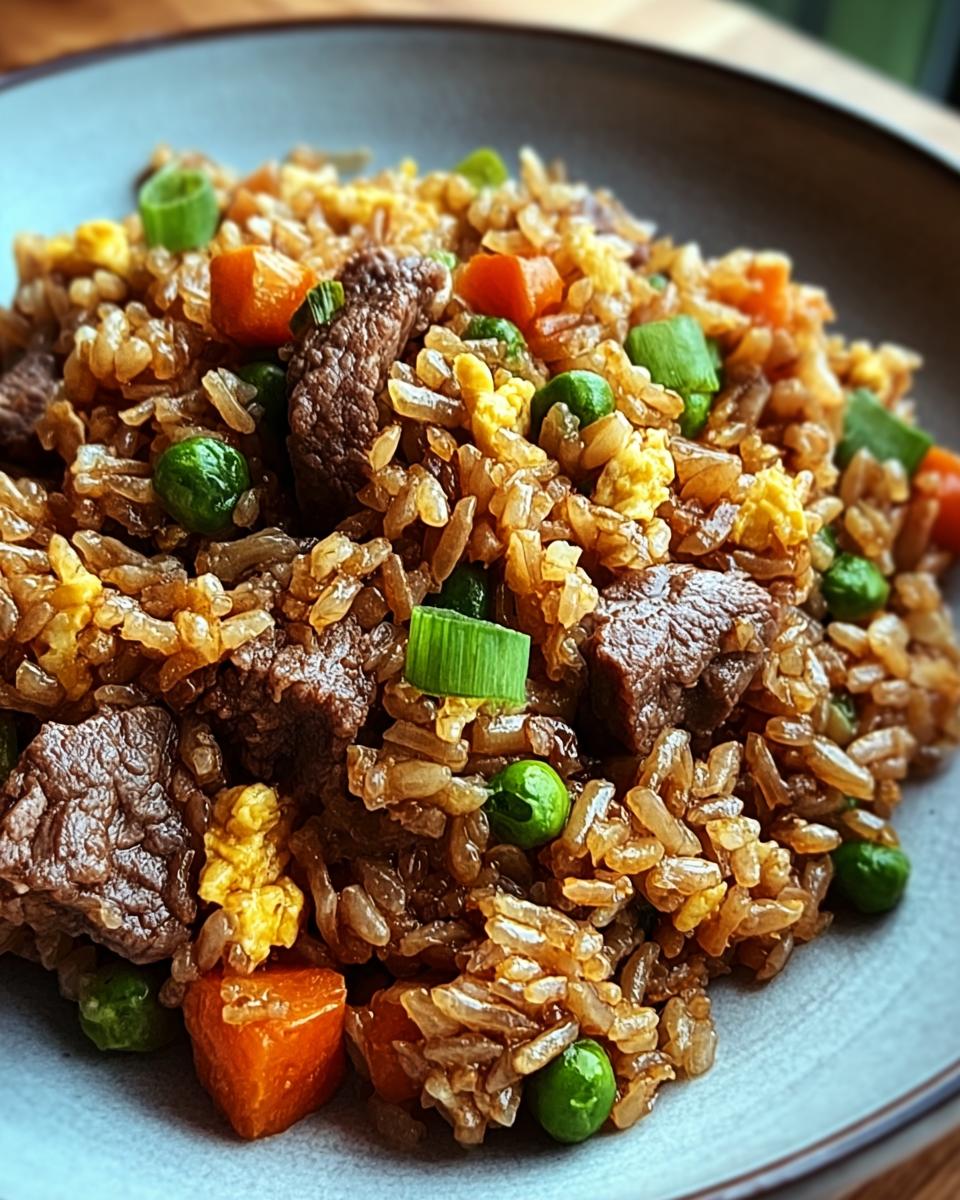 Close-up of a bowl of venison fried rice, featuring tender venison pieces, peas, carrots, and scrambled egg.