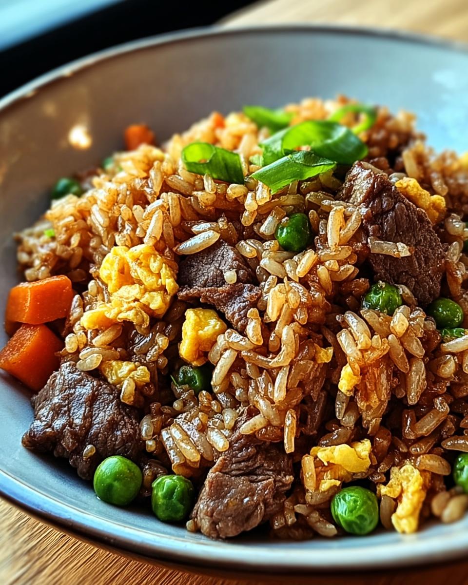 A close-up of a bowl of venison fried rice, featuring tender venison pieces, scrambled eggs, peas, carrots, and green onions.