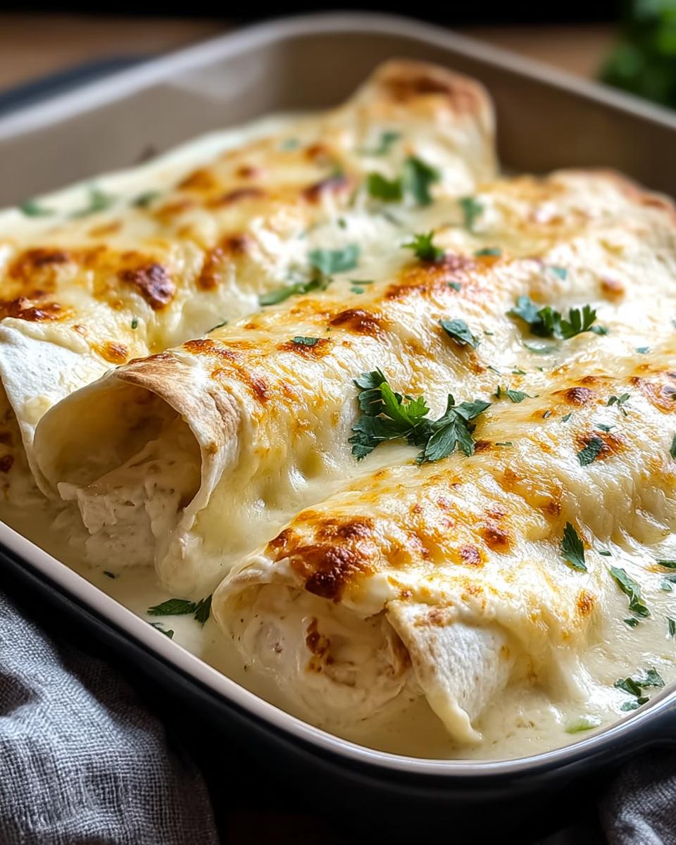 Close-up of baked white chicken enchiladas covered in creamy sauce and melted cheese, garnished with parsley.