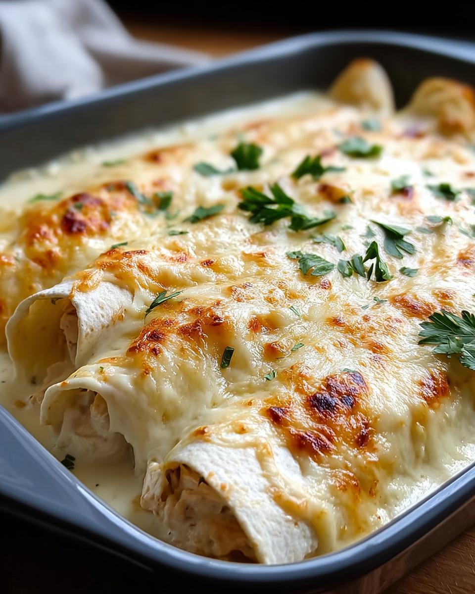 Close-up of baked white chicken enchiladas covered in creamy sauce and melted, golden-brown cheese, garnished with parsley.