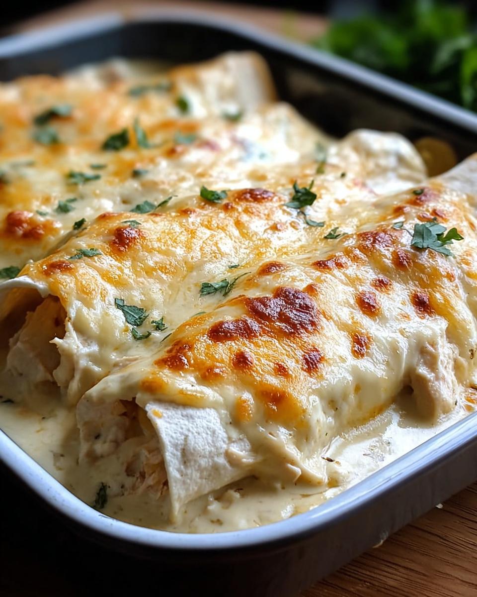 Close-up of baked white chicken enchiladas covered in creamy sauce and melted golden cheese, garnished with parsley.