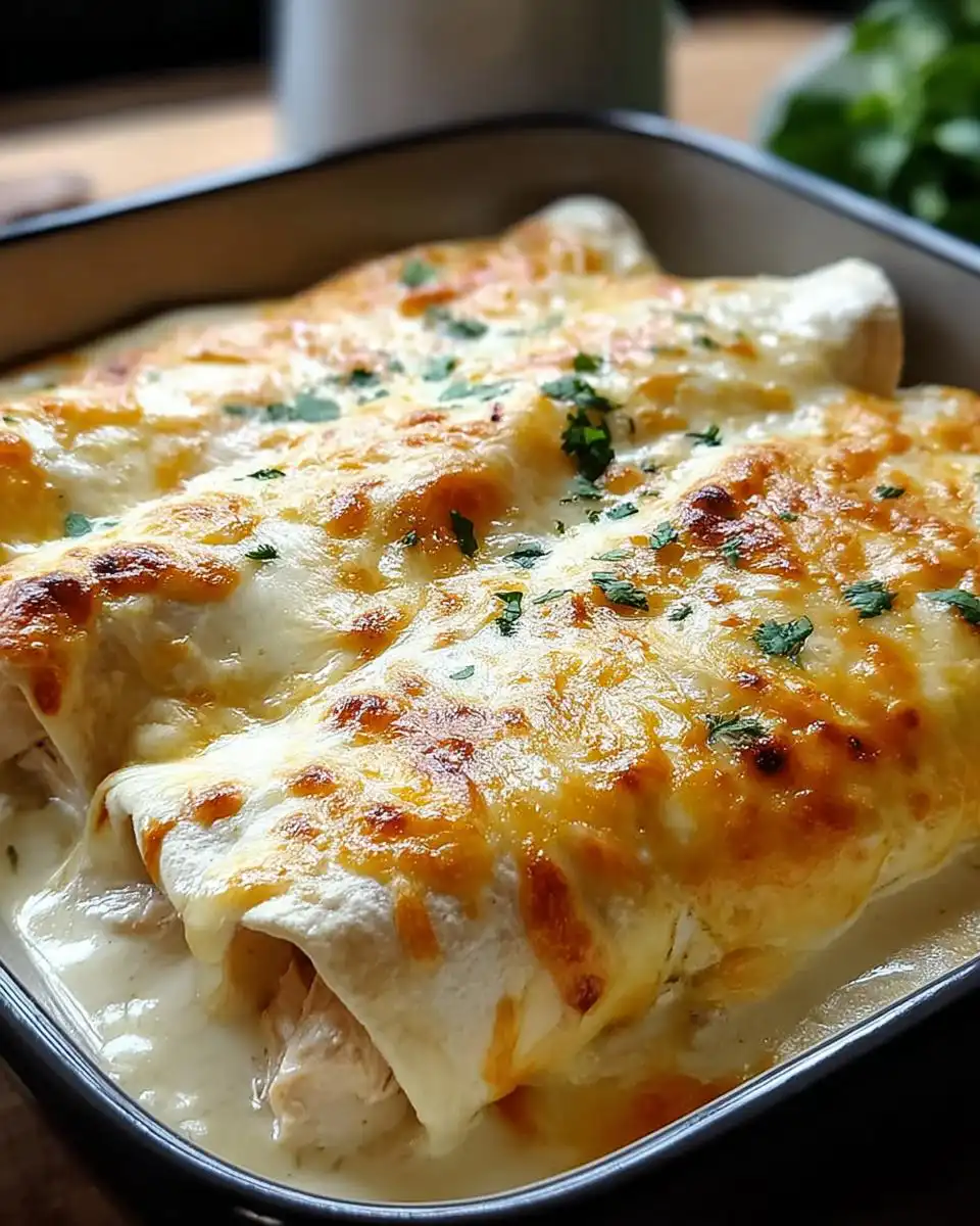 Close-up of baked white chicken enchiladas covered in melted cheese and garnished with parsley.