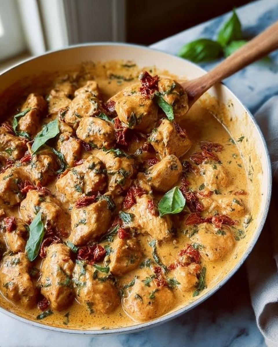 Close-up of Whole30 Marry Me Chicken in a creamy sauce with sun-dried tomatoes and basil.