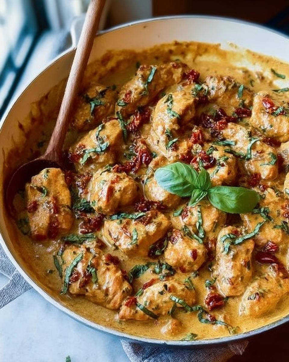 Close-up of Whole30 Marry Me Chicken pieces in a creamy sauce, garnished with sun-dried tomatoes and basil.