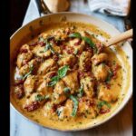 Close-up of Whole30 Marry Me Chicken in a creamy sauce with sun-dried tomatoes and basil.