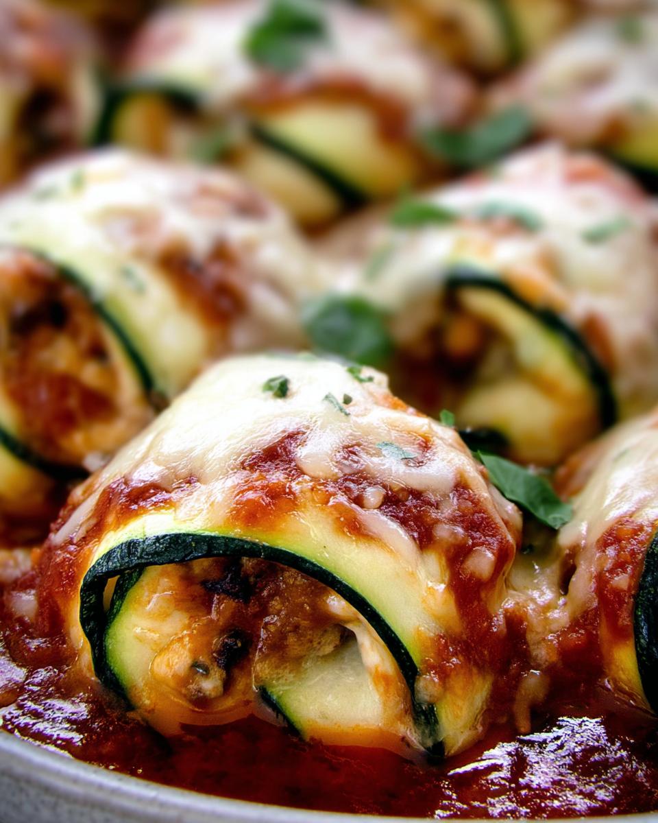 Close-up of Zucchini Rollatini with Ricotta and Marinara, topped with melted cheese and herbs.