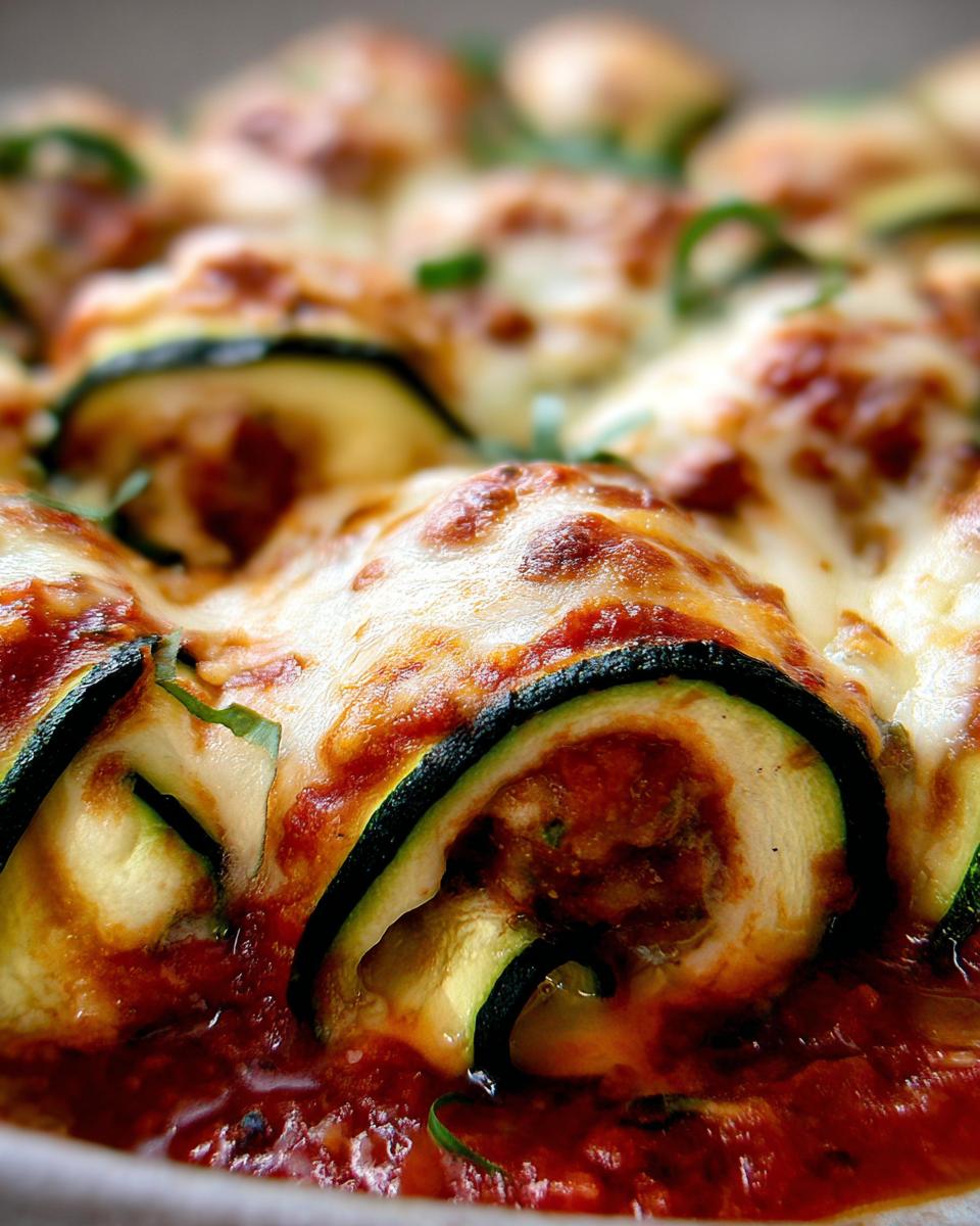 Close-up of baked Zucchini Rollatini with Ricotta and Marinara, topped with melted cheese.