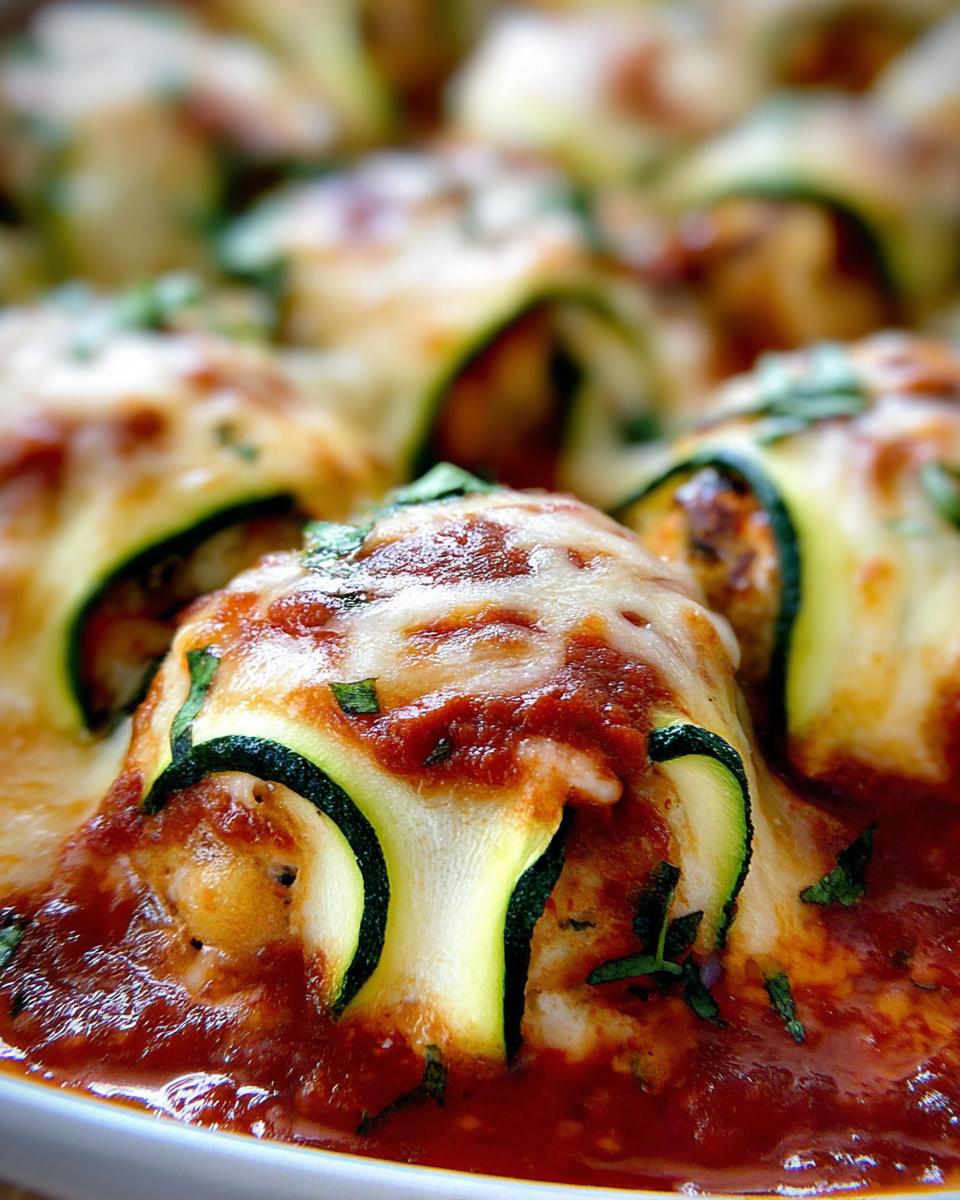 Close-up of Zucchini Rollatini with Ricotta and Marinara, bubbling cheese and rich sauce.