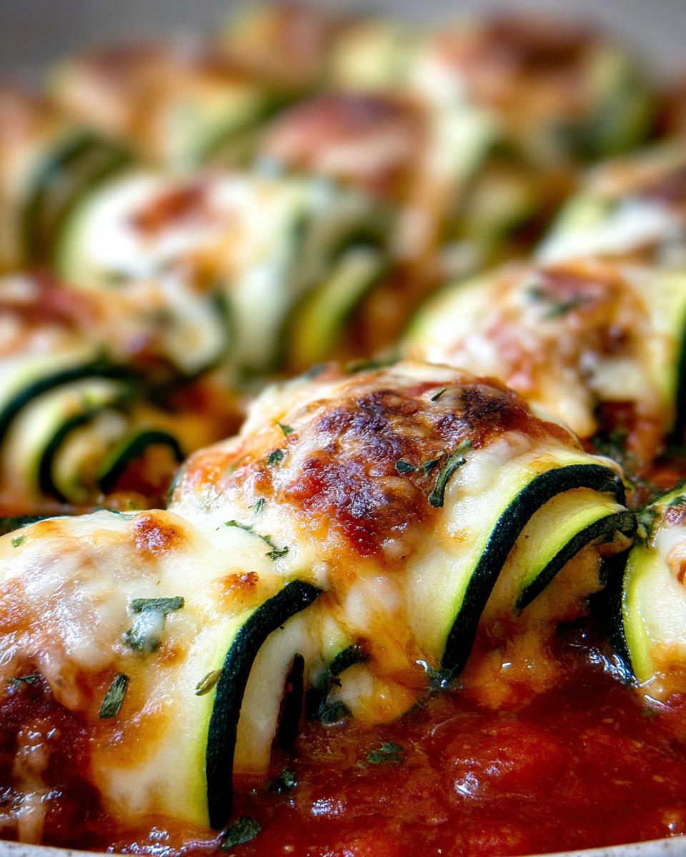 Close-up of baked Zucchini Rollatini with Ricotta and Marinara, topped with melted cheese and herbs.