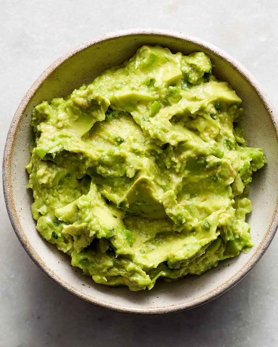 A close-up overhead view of a bowl filled with chunky 3-Ingredient Guacamole, showcasing fresh avocado pieces and green specks.