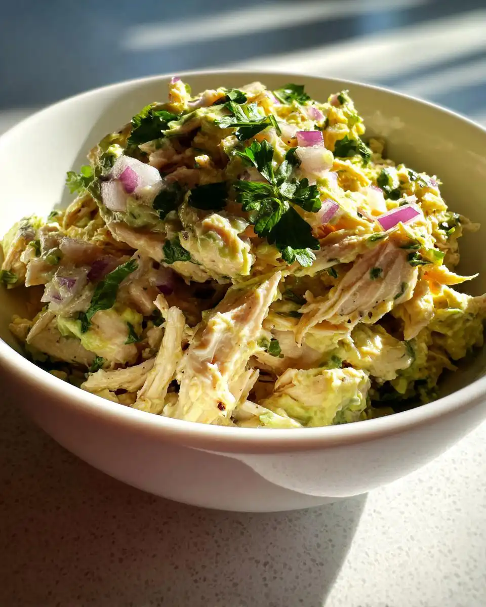 A close-up view of a 5-Minute Creamy Avocado Chicken Salad Bowl, featuring shredded chicken, creamy avocado, and red onion.