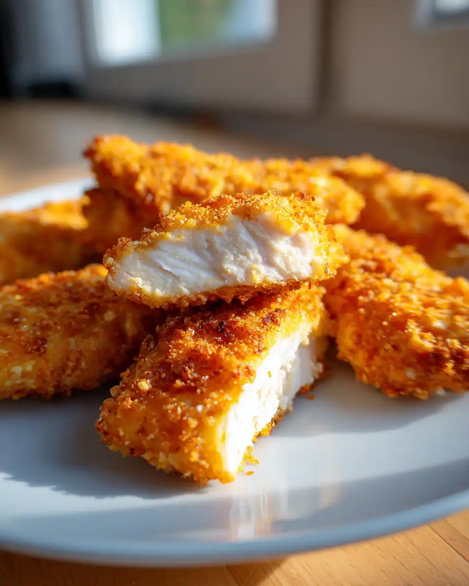 Close-up of Air Fryer Crispy Ranch Chicken Tenders on a plate, showing the golden-brown, crunchy coating and juicy interior.