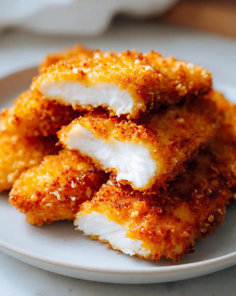 Close-up of Air Fryer Crispy Ranch Chicken Tenders stacked on a plate, showing the golden-brown breading and juicy white chicken inside.