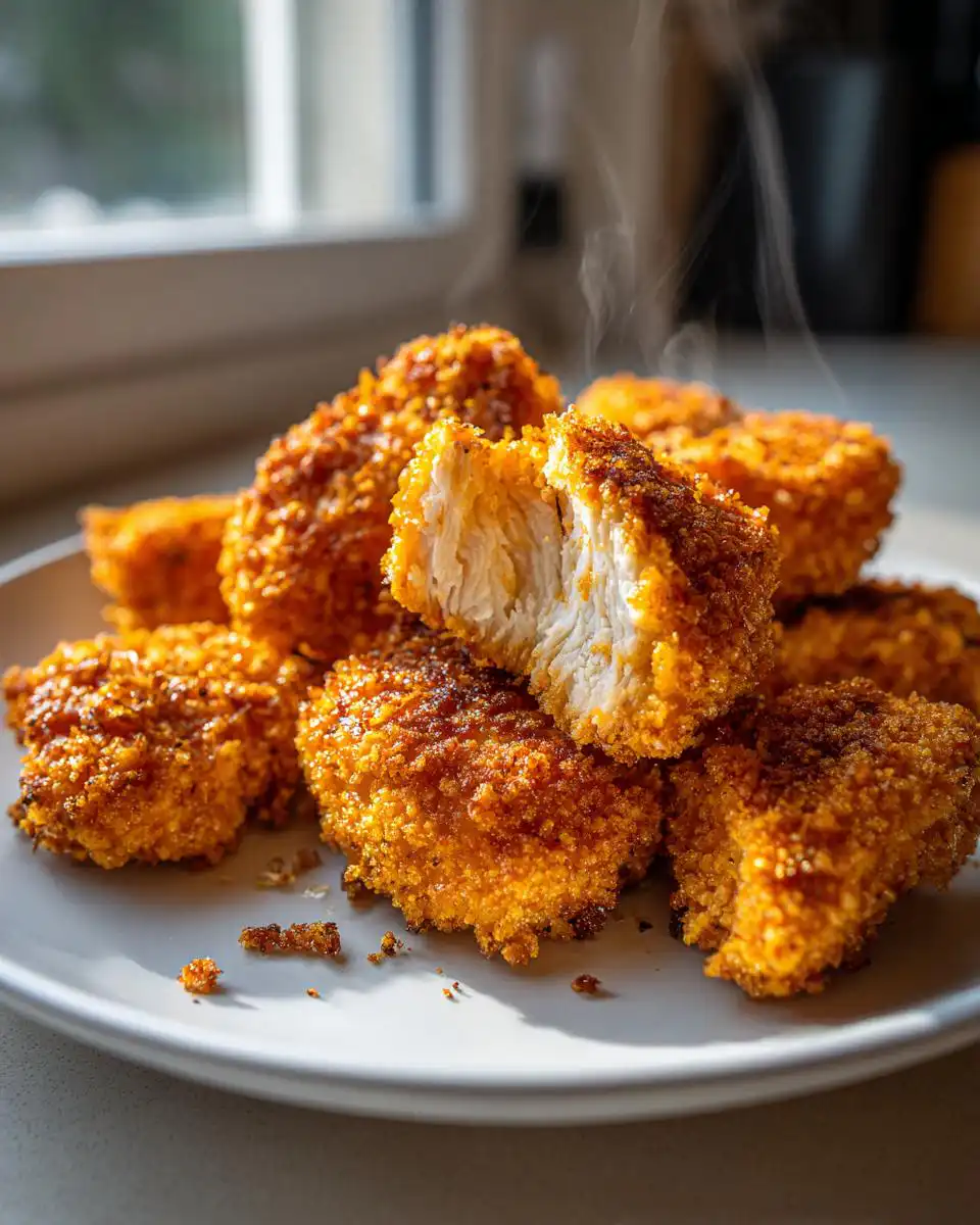 A close-up of steaming Air Fryer Garlic Parmesan Chicken Bites on a plate, with one bite broken open to show the juicy interior.