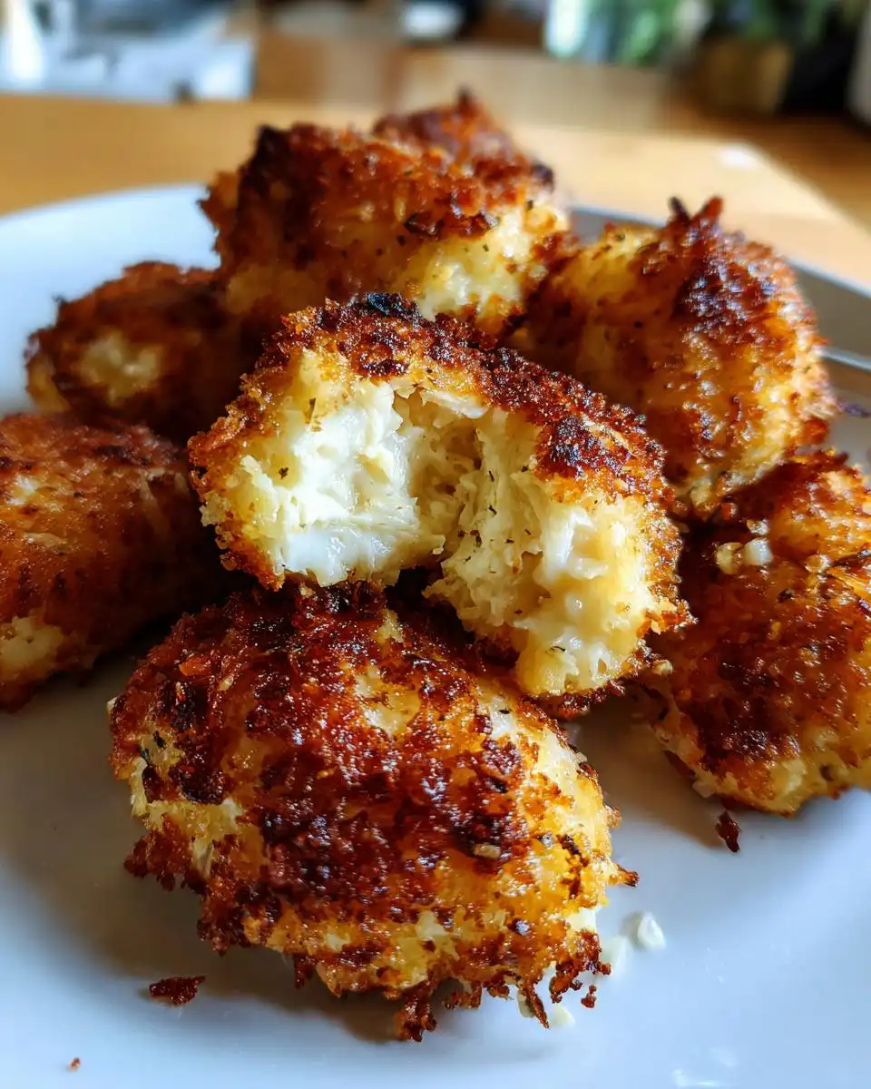 A close-up of golden-brown Air Fryer Garlic Parmesan Chicken Bites on a white plate, one bite is broken open revealing the juicy interior.