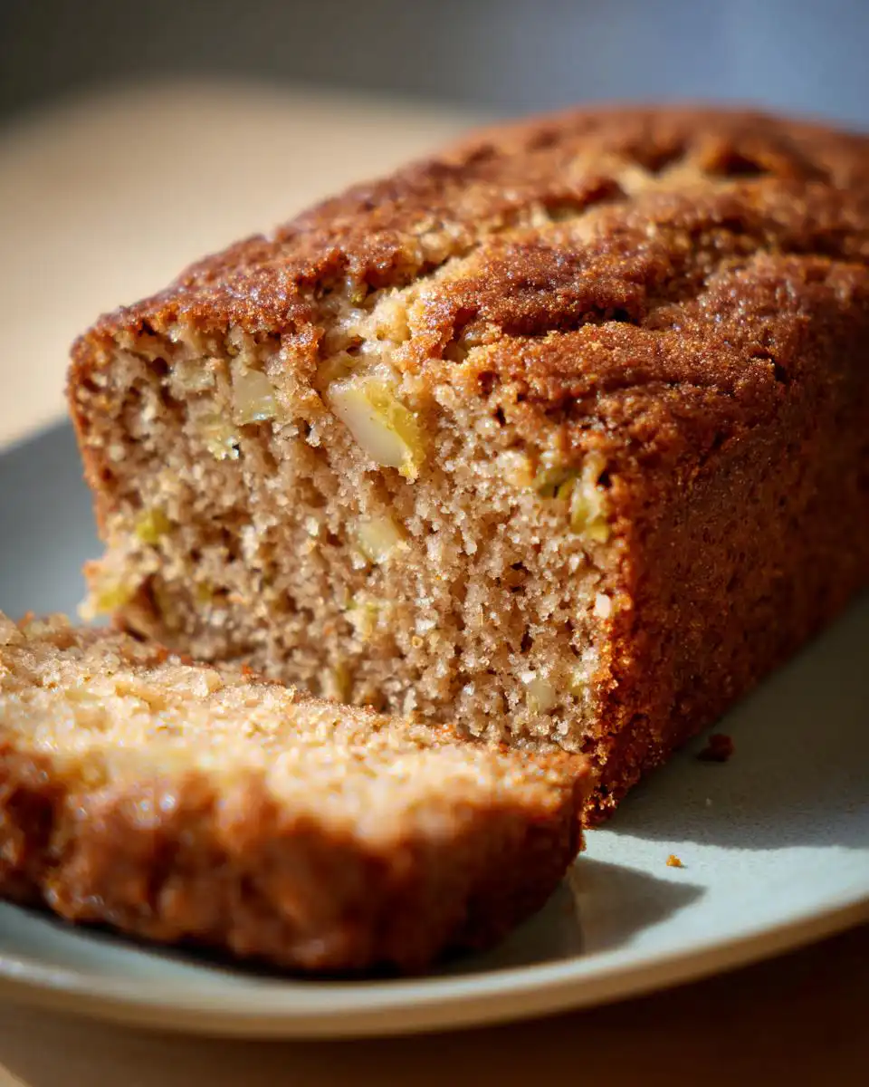 A close-up of a sliced loaf of moist Apple Cinnamon Zucchini Bread on a plate.