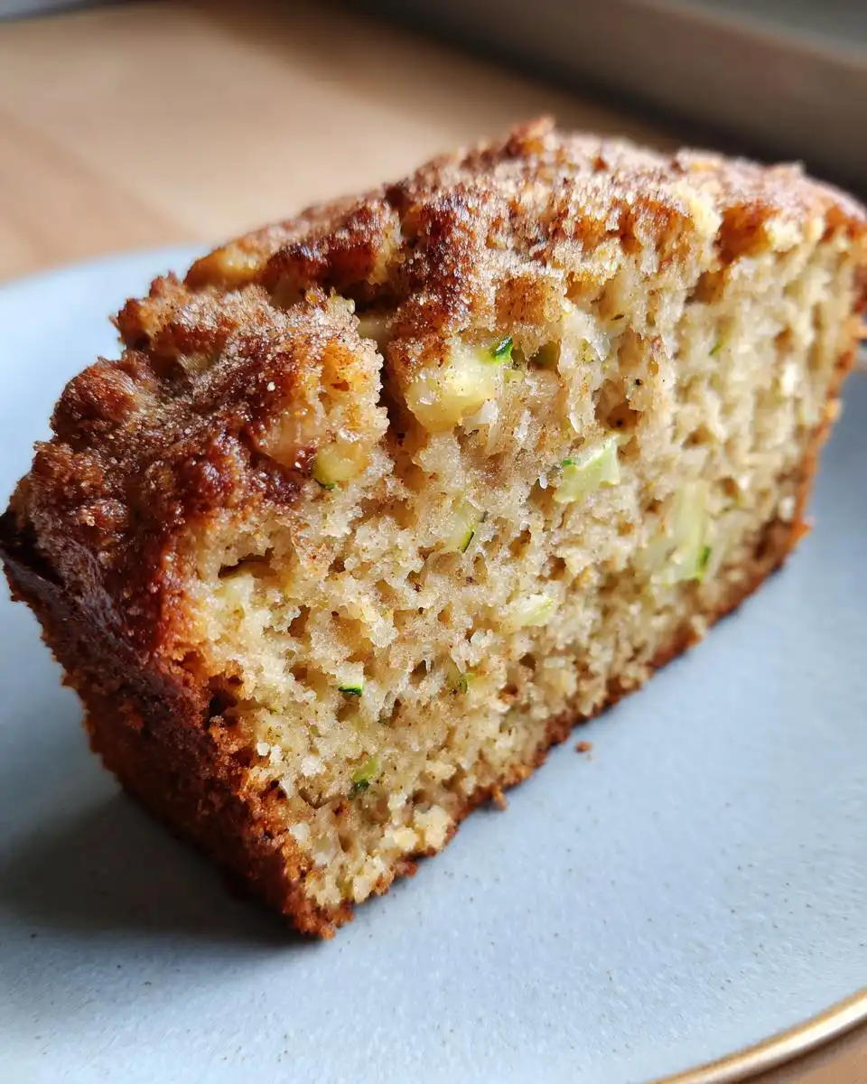 A close-up of a slice of moist Apple Cinnamon Zucchini Bread on a light blue plate.
