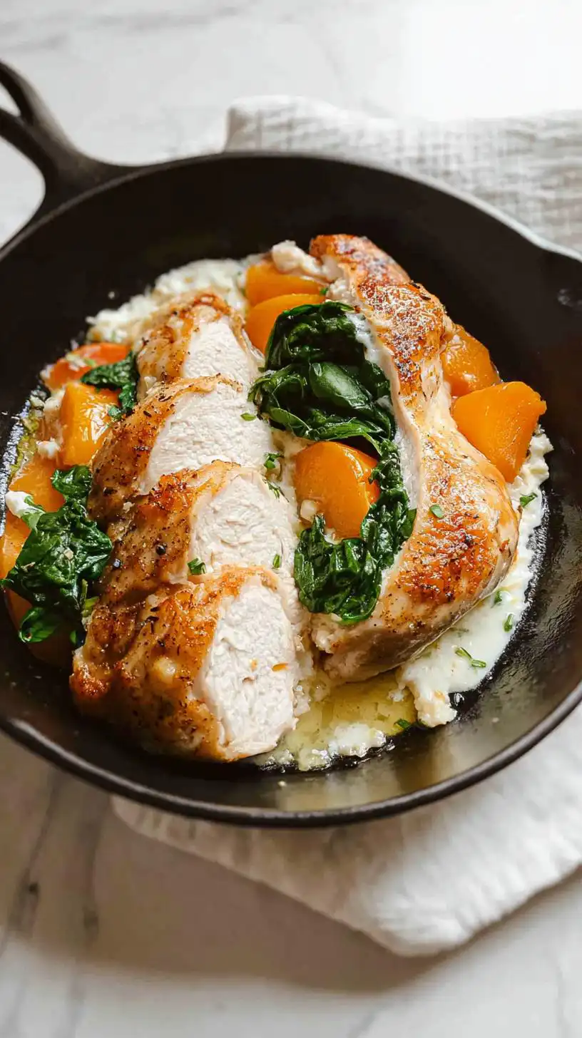 Close-up of juicy Apricot Mozzarella Stuffed Chicken with Spinach served in a cast-iron skillet.