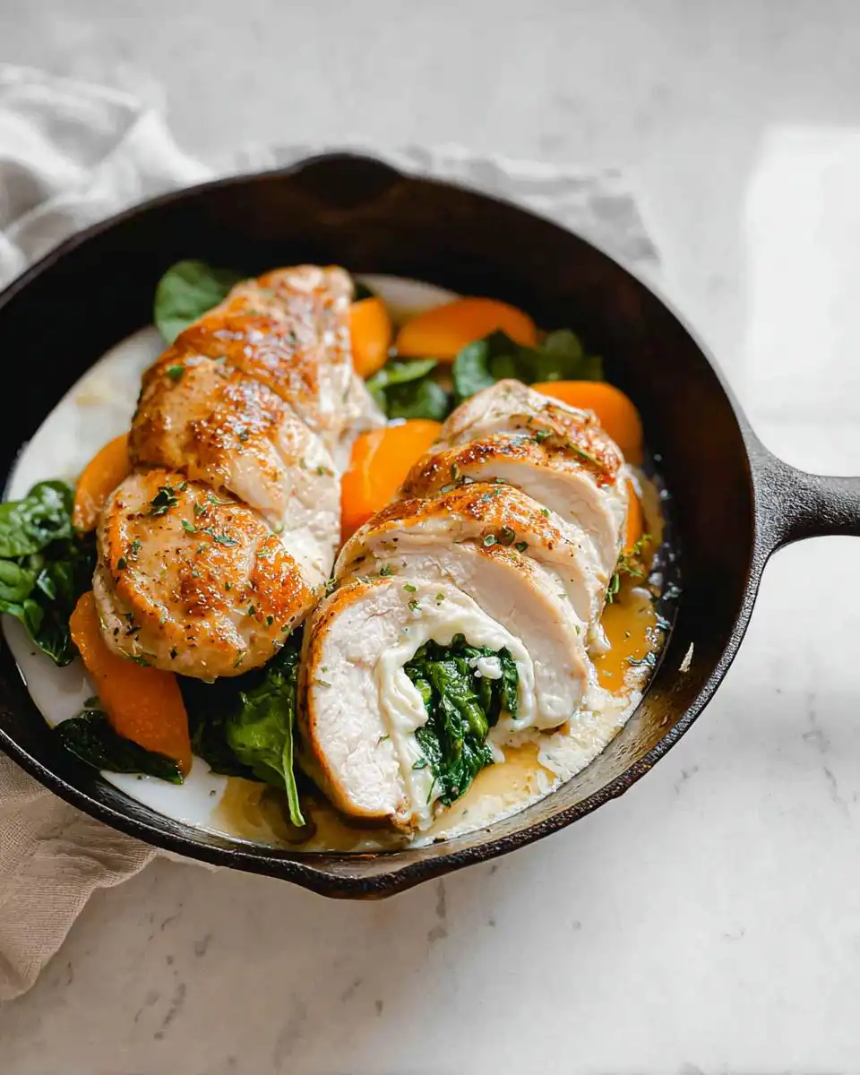 Close-up of Apricot Mozzarella Stuffed Chicken with Spinach, sliced to reveal creamy mozzarella and spinach filling, served in a cast iron skillet.