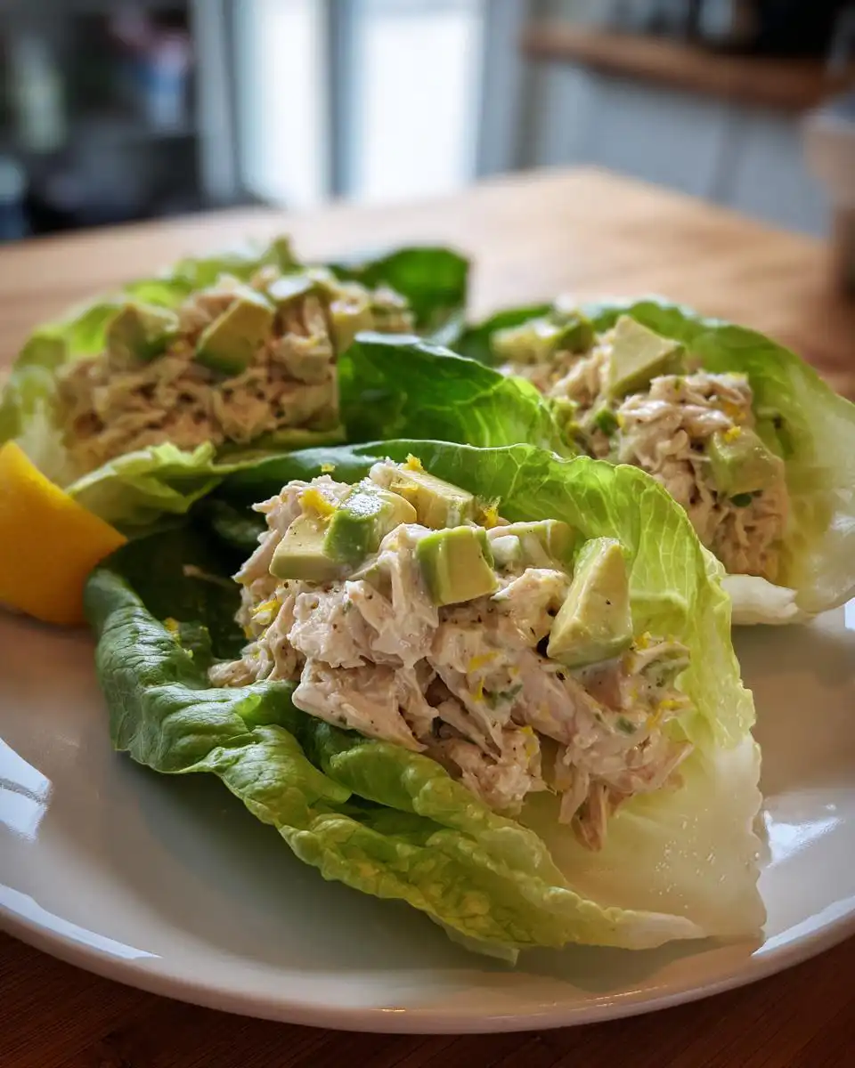 Three avocado chicken salad lettuce wraps served on a white plate with a lemon wedge.