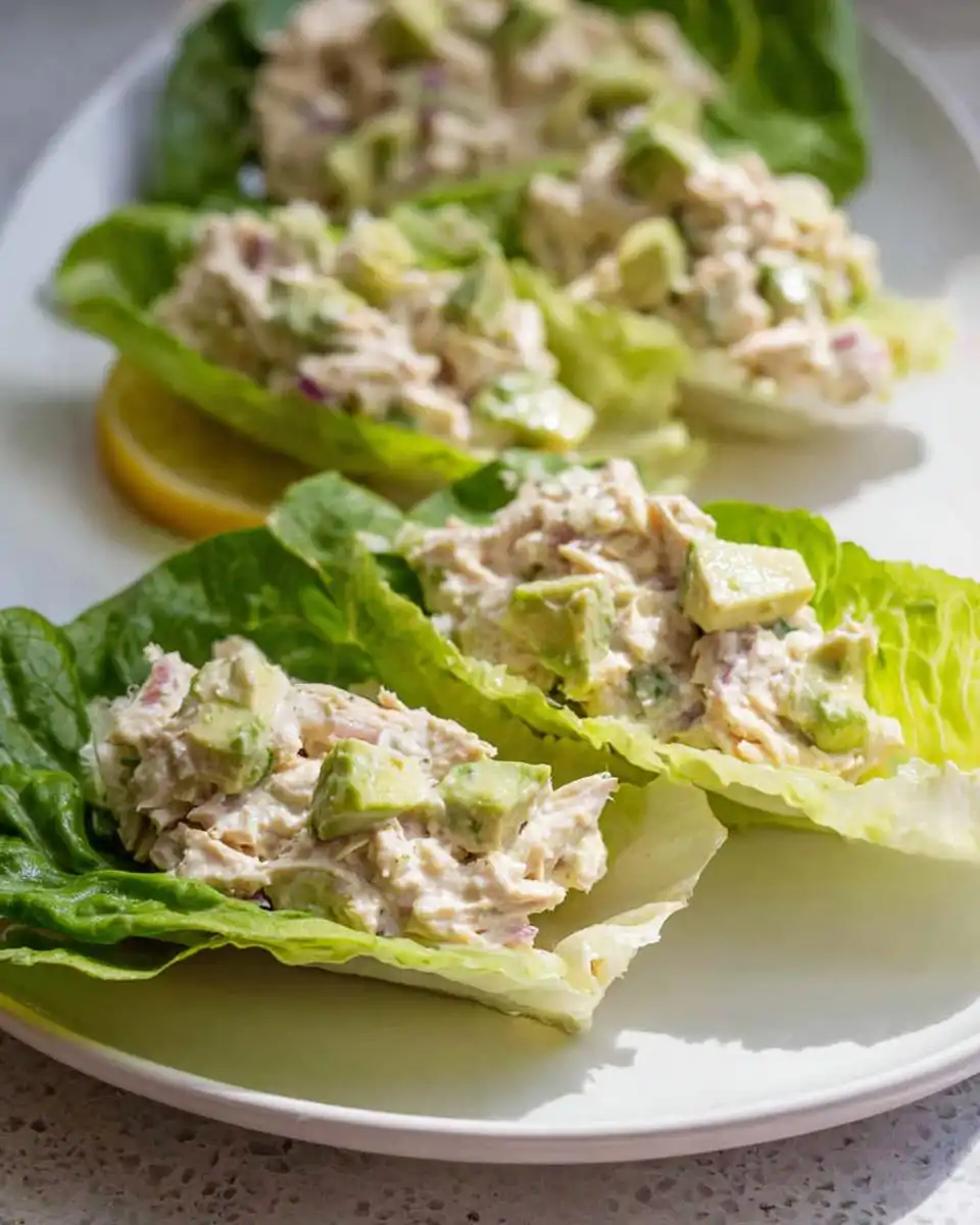 Close-up of fresh avocado chicken salad filling three lettuce cups, garnished with diced avocado and red onion.