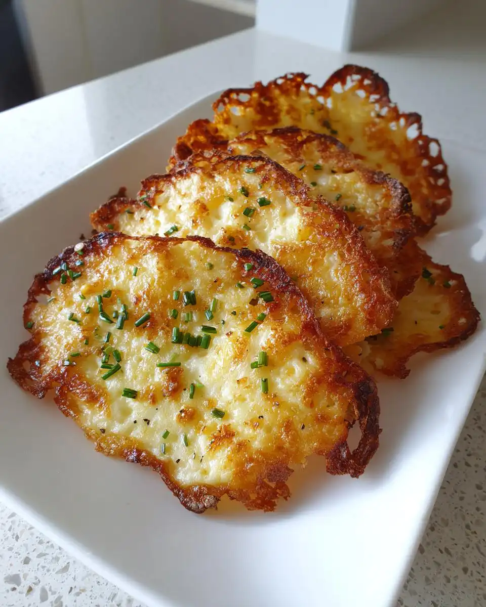 A close-up of golden-brown Baked Cottage Cheese Chips sprinkled with fresh chives on a white plate.