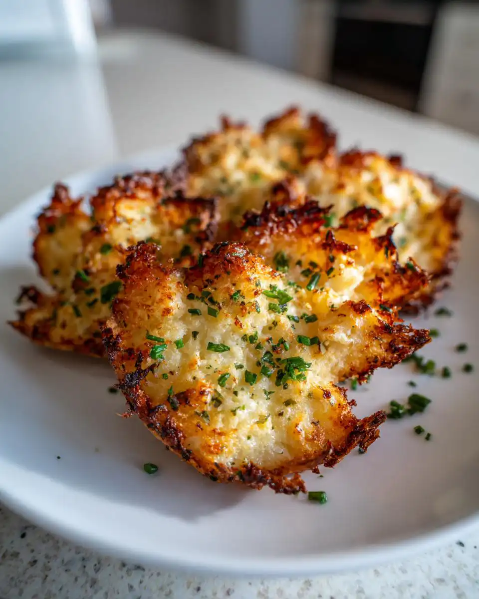 A close-up of golden brown Baked Cottage Cheese Chips sprinkled with fresh chives on a white plate.